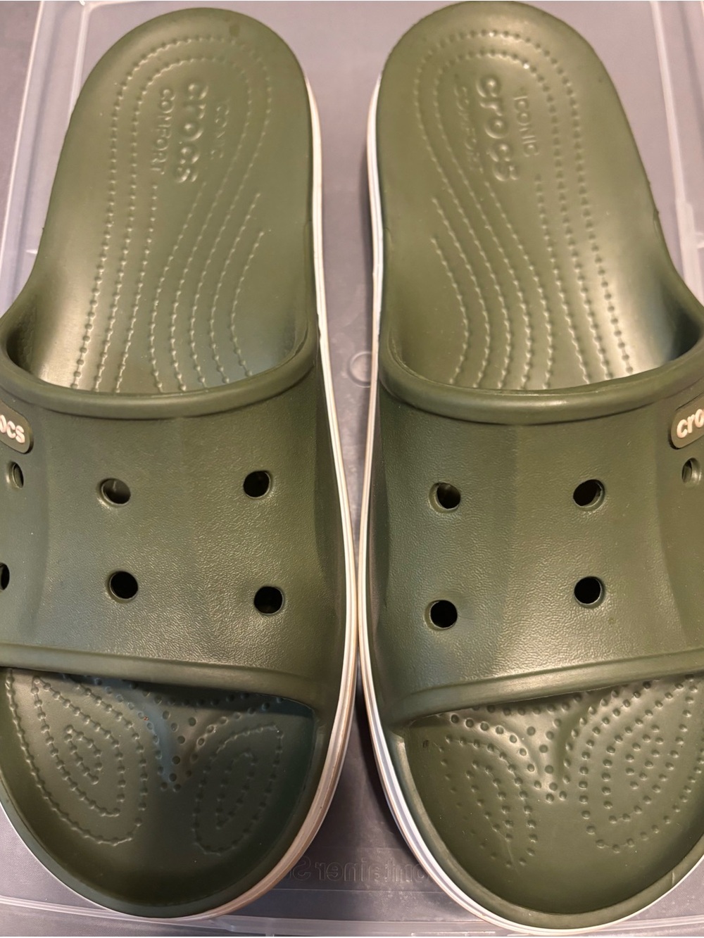 CROCS Men's Olive Green Slide Sandals with White Trim